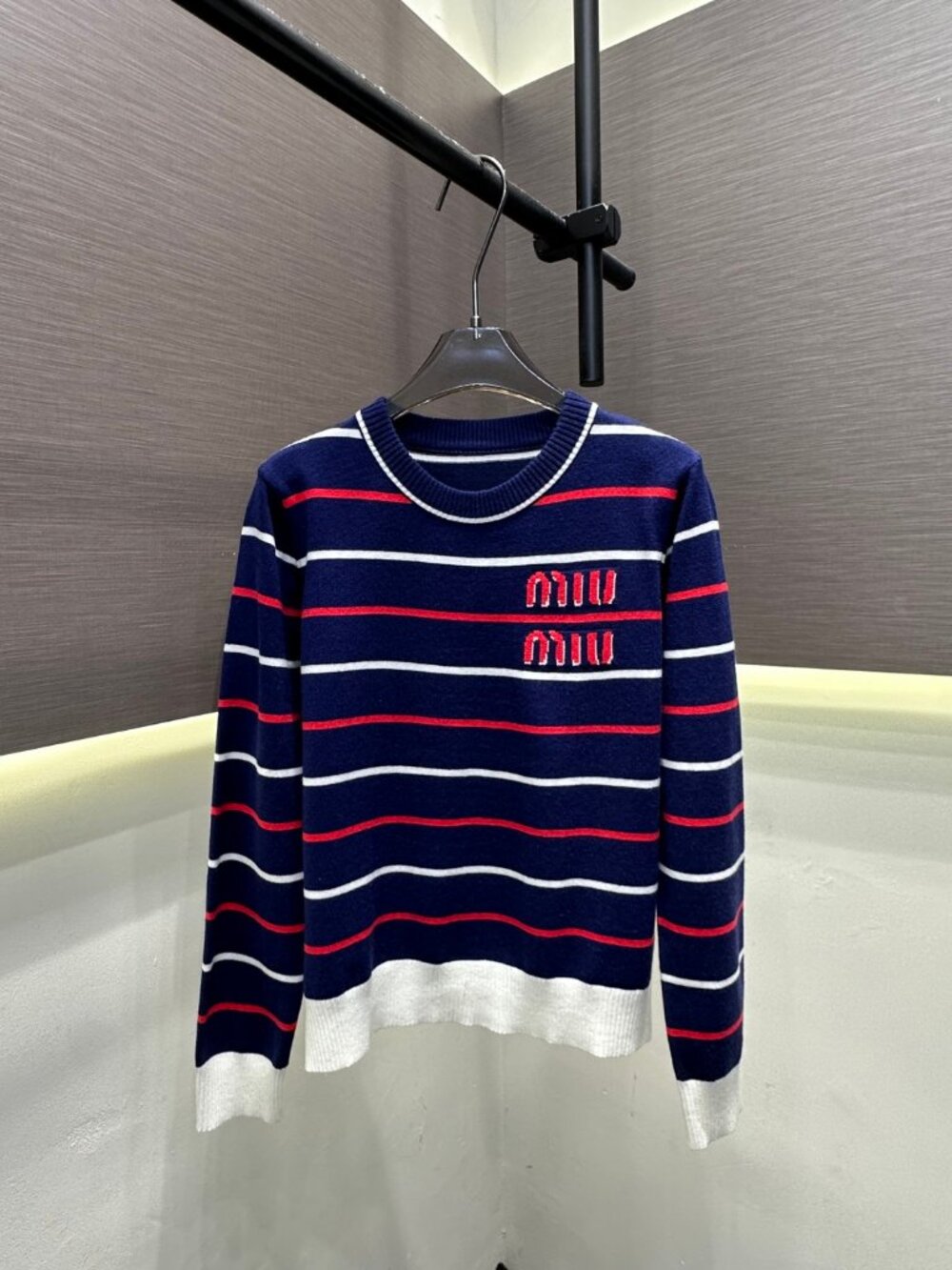 Miu Miu Long-Sleeve Shirt with Jacquard Lettering, Stripes, and Color-Blocking